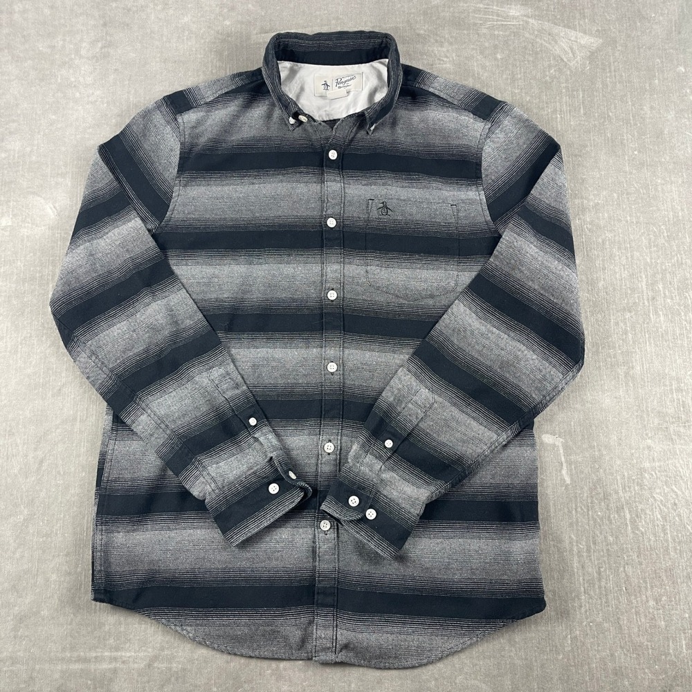 Original Penguin Mens M Black Grey Striped Button Down Shirt Long Sleeve Pocket